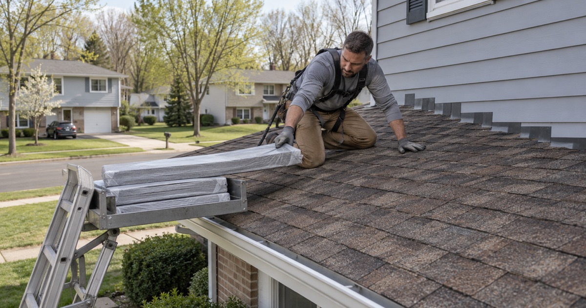 A roofer sliding shingle bundles off a ladder hoist onto the lower roof of a Chews Landing split-level at the start of a re-roof.