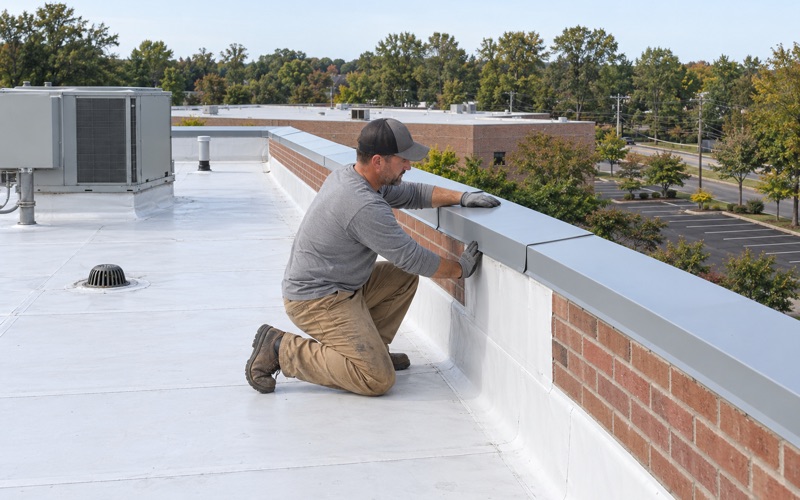 New metal coping fitted along the parapet of a two-story brick office building on the Black Horse Pike in Gloucester Township.