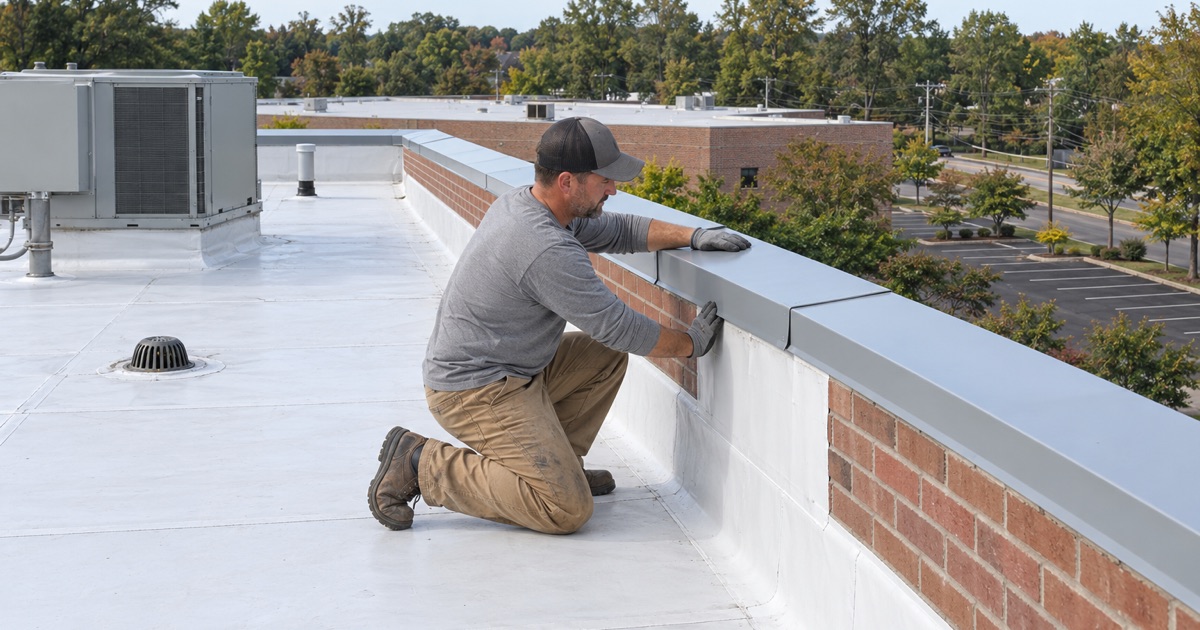 New metal coping fitted along the parapet of a two-story brick office building on the Black Horse Pike in Gloucester Township.