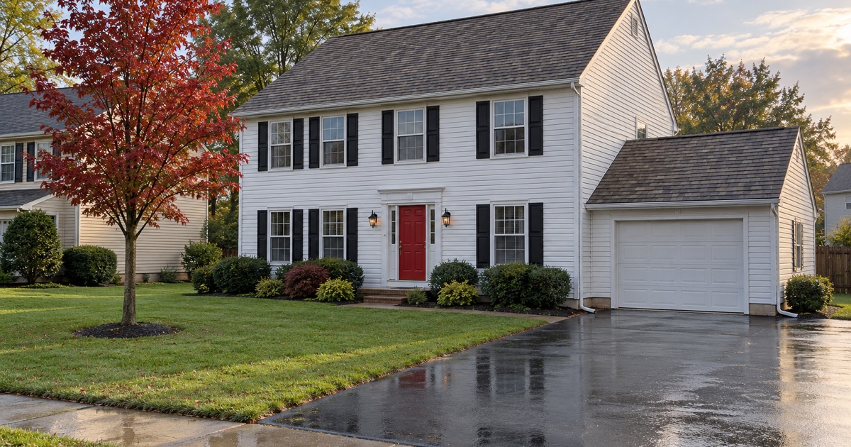 A finished new shingle roof on an Erial colonial in early morning light after rain, the gutters and lawn still wet.