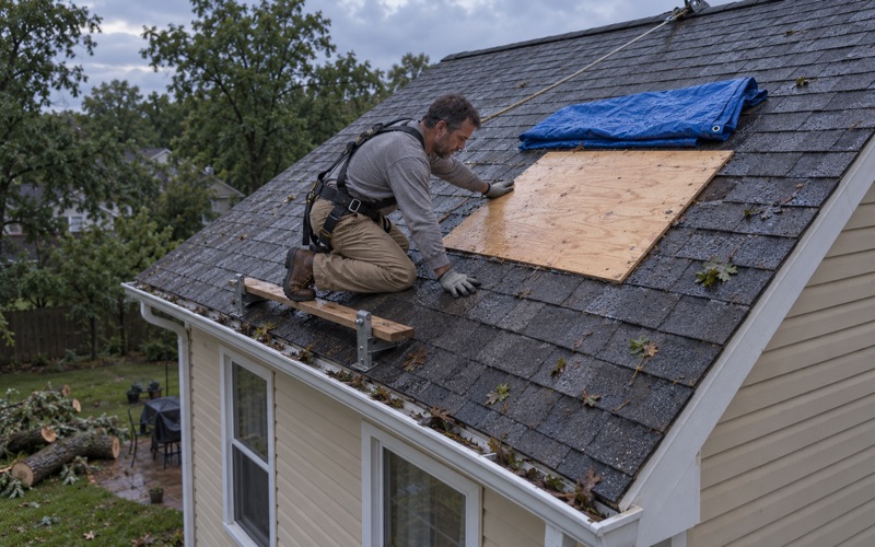 Plywood screwed over the hole a falling limb punched in the rear roof of a Blackwood colonial on a wet evening.