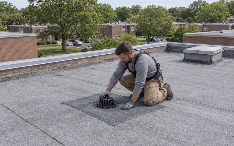 A patched split around a roof drain on the flat roof of a brick garden apartment building in Blackwood.