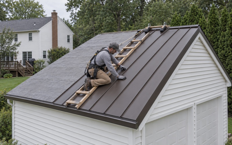 Dark bronze standing-seam steel panels going onto a detached garage behind a colonial in the Davisville section of Gloucester Township.