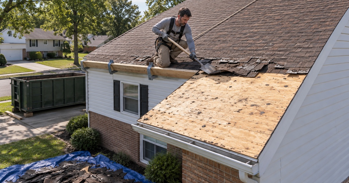 Two old layers of shingles coming off a 1970s bi-level in Blackwood at the start of a full roof replacement.