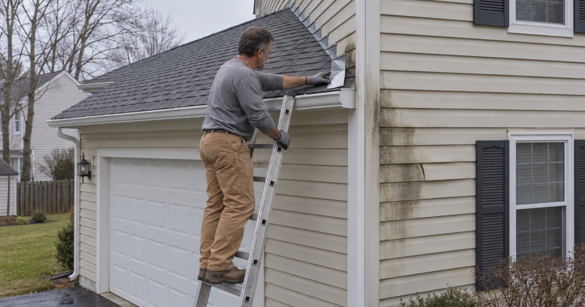 A kickout flashing fitted where a garage roof meets the two-story wall of an Erial colonial, below a water streak on the siding.