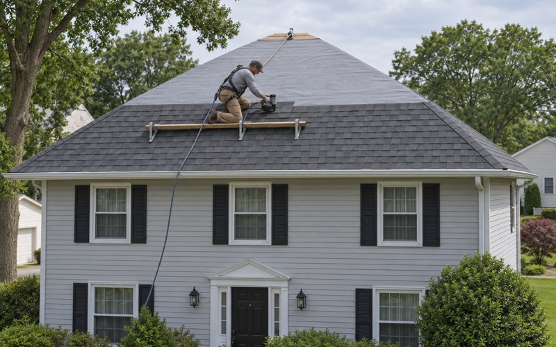 New charcoal shingles nailed up the front hip of a 1980s colonial in the Hilltop section of Gloucester Township during a roof replacement.