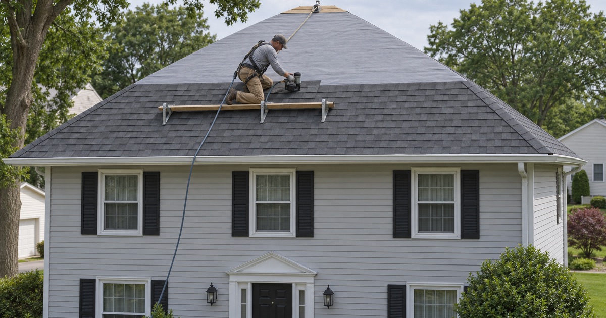 New charcoal shingles nailed up the front hip of a 1980s colonial in the Hilltop section of Gloucester Township during a roof replacement.