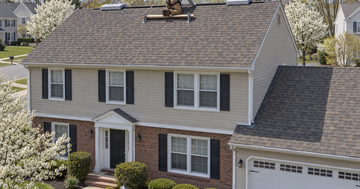 A roofer setting the last course of new shingles below the ridge of a 1980s colonial in the Chews Landing section of Gloucester Township.