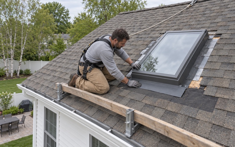 Sill flashing pressed in below a new curb-mounted skylight on the rear roof of a 1990s colonial in Glen Oaks, Gloucester Township.