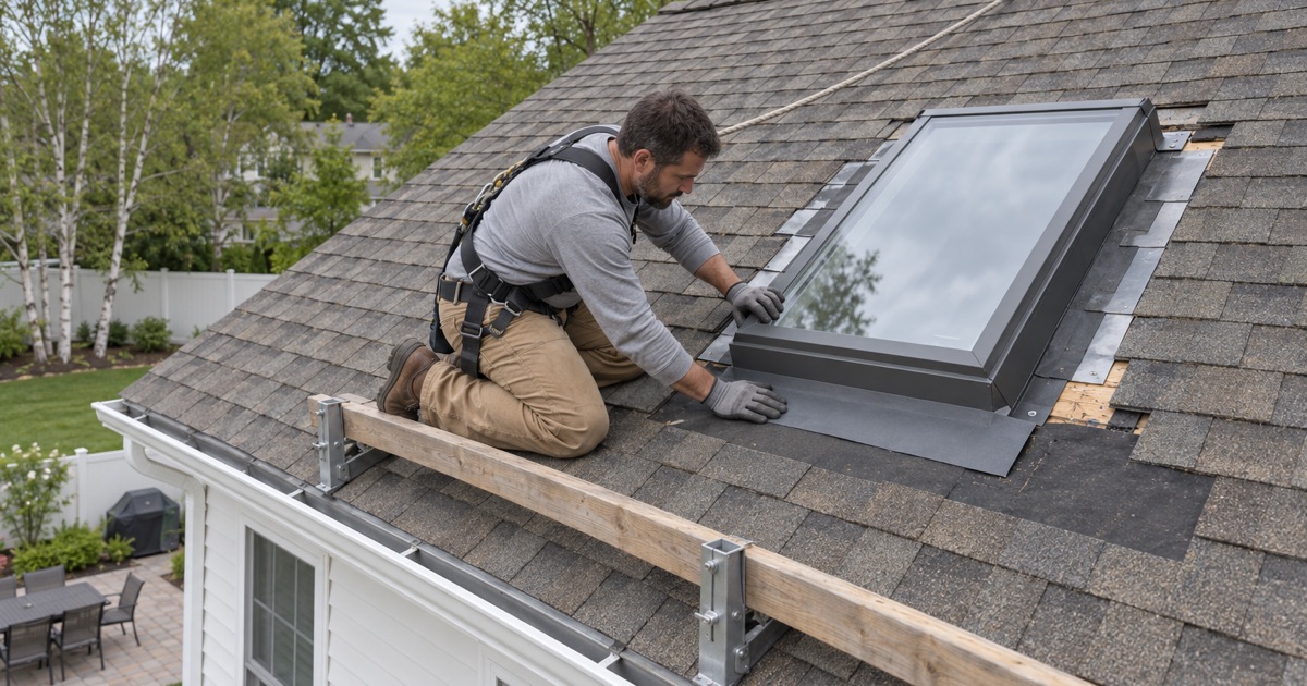 Sill flashing pressed in below a new curb-mounted skylight on the rear roof of a 1990s colonial in Glen Oaks, Gloucester Township.