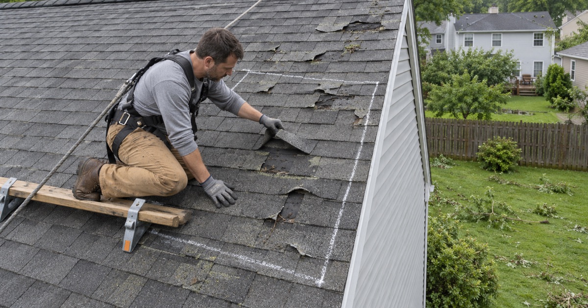 Wind-creased shingles marked out in chalk on the rear slope of a Blackwood colonial the morning after a summer storm.
